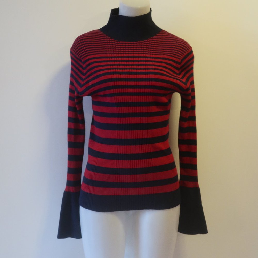 *Womens Strenesse Red Blue Flared Sleeve Striped Ribbed Mock Neck Sweater 10